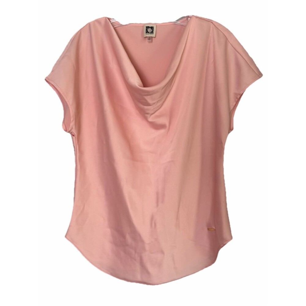 Anne Klein Pink Cowl Neck Satin Finish Blouse Solid Small Top Cap Short Sleeve
